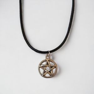 PENTACLE • silver tone charm black cord necklace